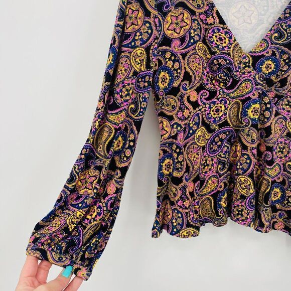 Modcloth Size Large Country Royalty Paisley Print Jersey Knit V Neck Peplum Top - Picture 5 of 7